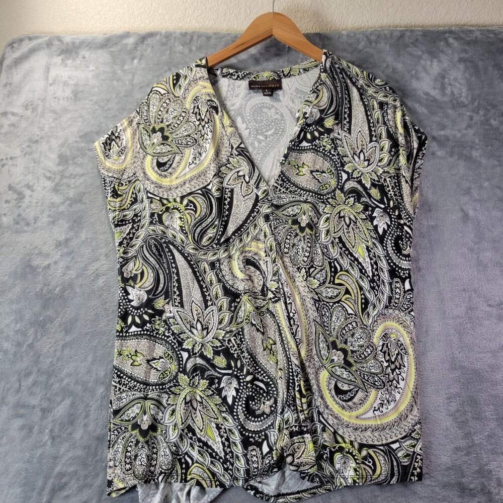 Dana Buchman Womens Top Large Black White Paisley Print‎ Short Sleeve Top